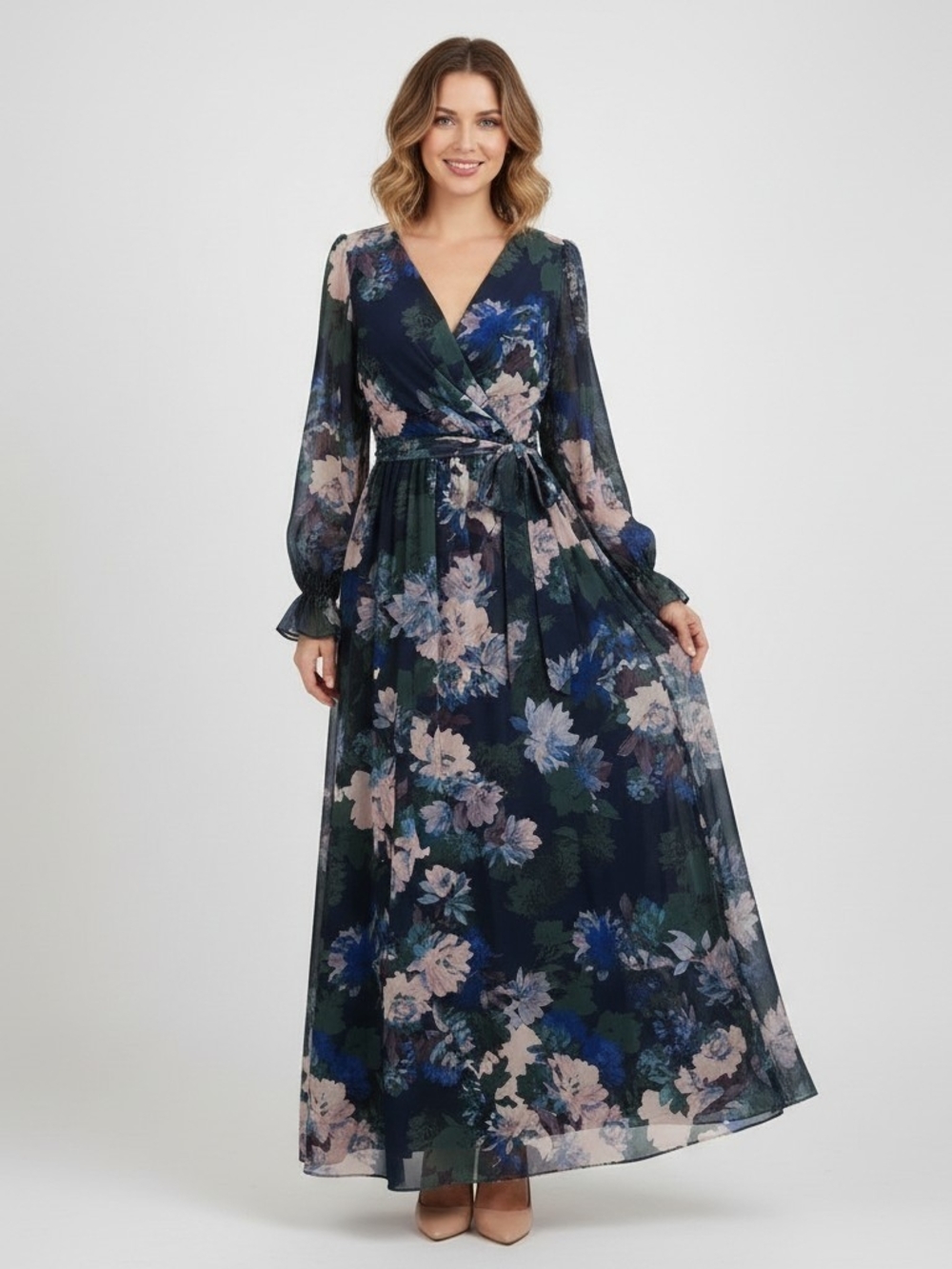 Adrianna Papell Navy Floral Chiffon Long Sleeve Dress Size 14
